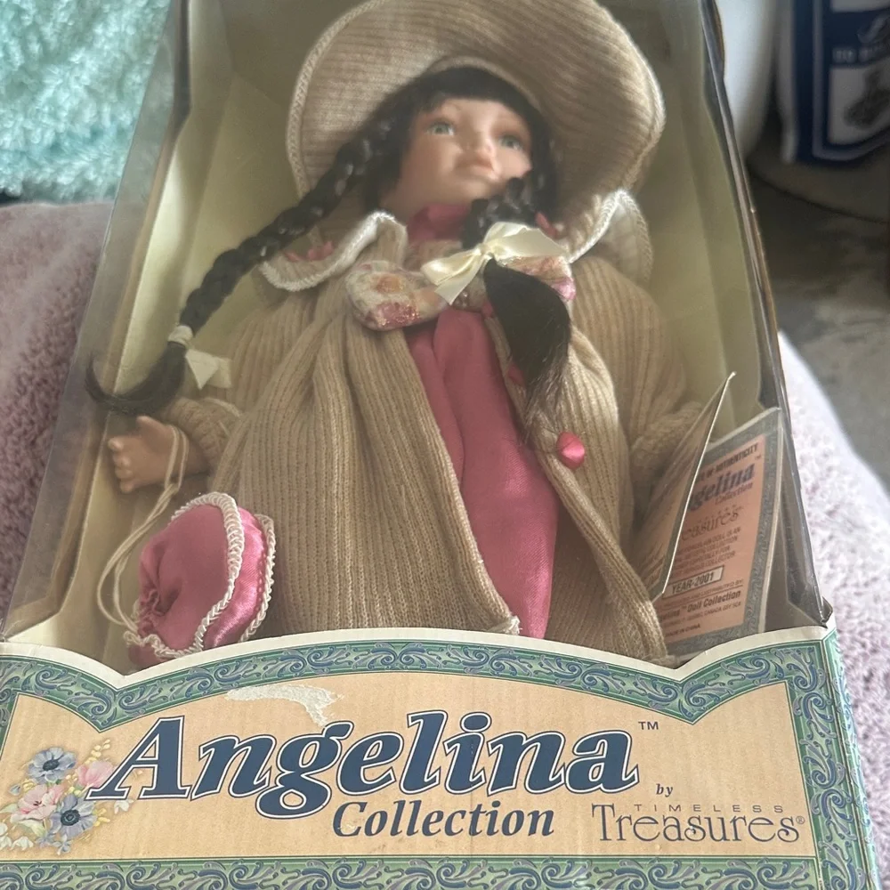 2001 Porcelain Doll with Pink Dress and Tan Coat